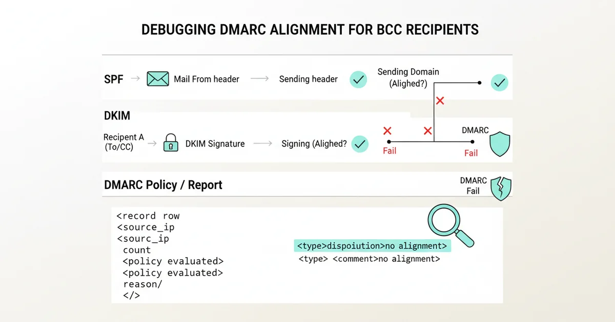 Debugging DMARC Reports Showing Alignment Failures for BCC Recipients — illustration